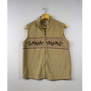 Baxter & Wells Fleece Vest Women PM Tan Bird Embroidered Zip Front Vintage‎